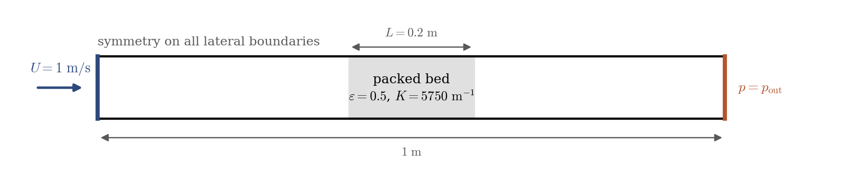 Duct with a velocity inlet, a pressure outlet, symmetry on all lateral boundaries, and a shaded packed-bed zone in the middle.