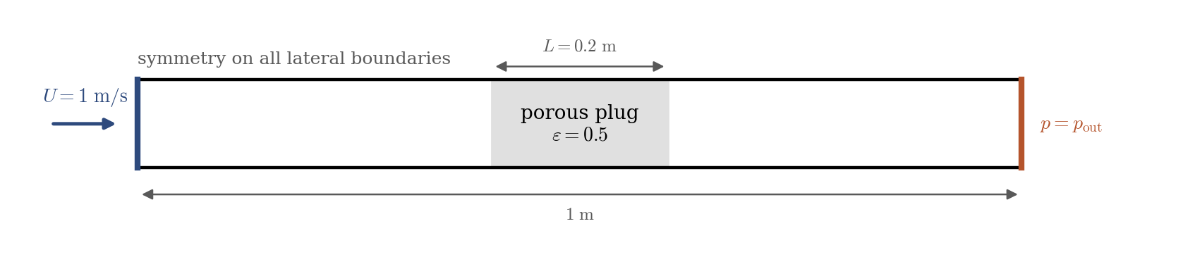 Duct with a velocity inlet, a pressure outlet, symmetry on all lateral boundaries, and a shaded porous plug in the middle.