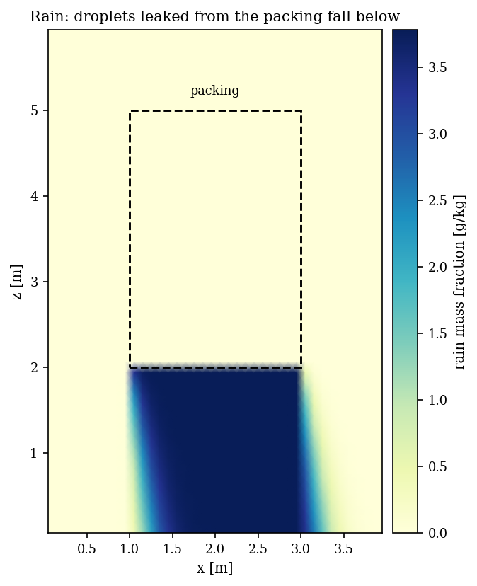 Rain mass fraction field: droplets leak from the bottom of the packing and fall below it as a column.