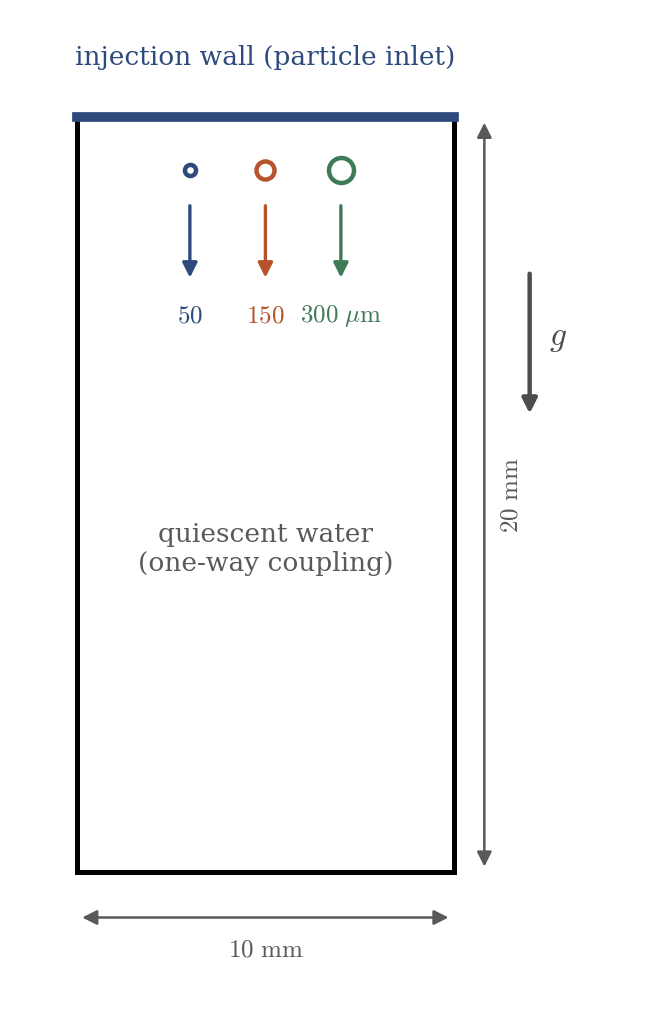 Box of quiescent water with three particles of increasing diameter released from the top wall and settling under gravity.