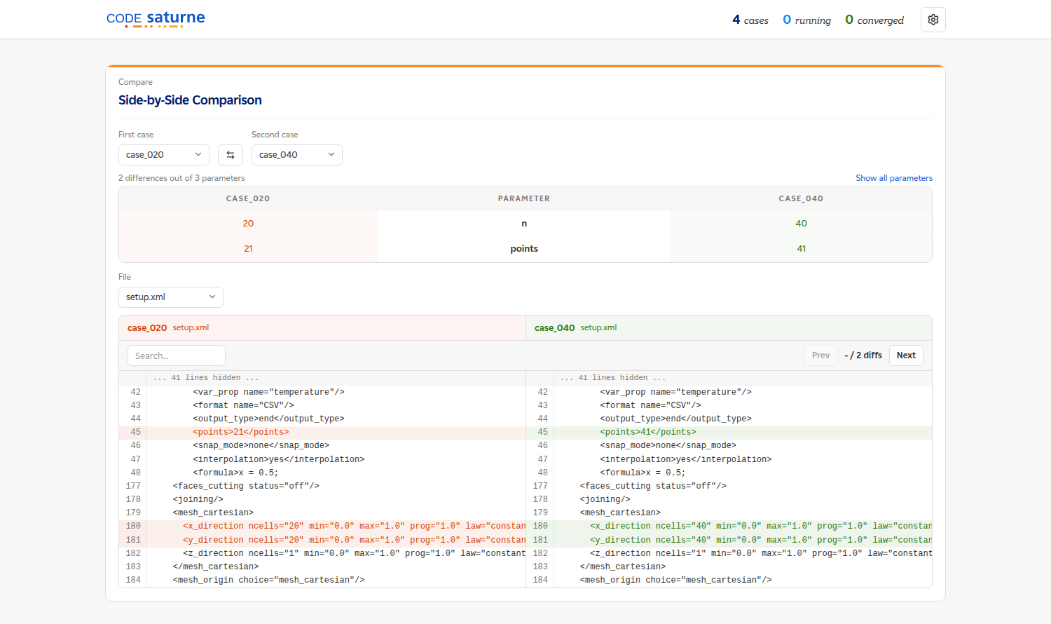 csauto Side-by-Side Comparison of two prepared cases, showing the parameter table and the setup.xml diff.