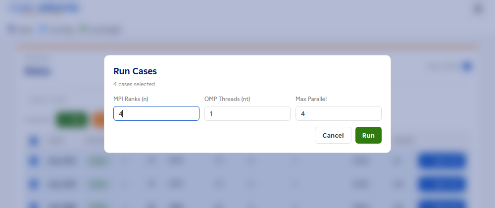 The Run Cases dialog of the csauto dashboard, with four cases selected and four MPI ranks each.